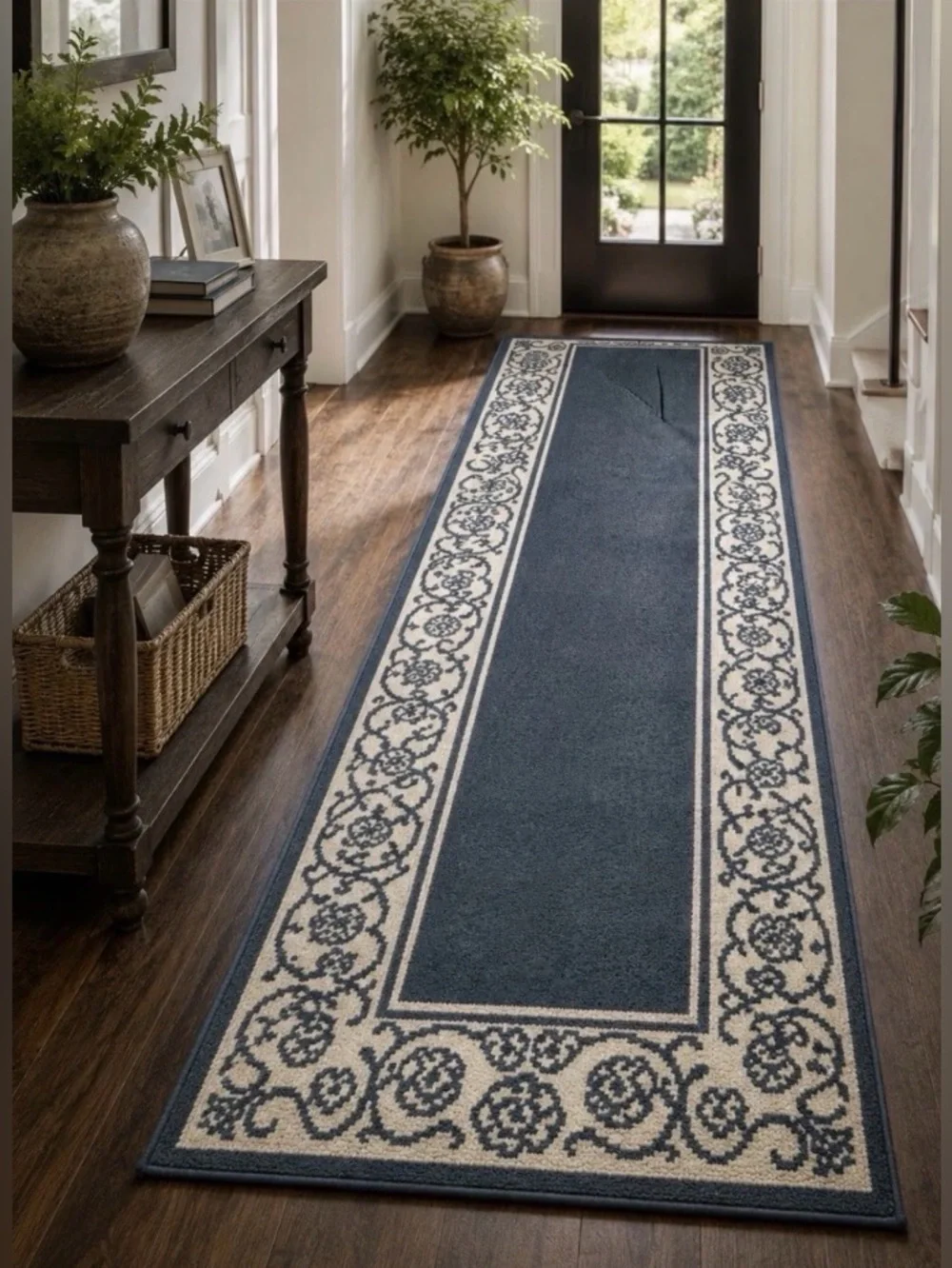 Blue Floral Border Hallway Runner Rug 85x22 Entryway Accent Carpet
